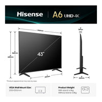 Hisense A6Q 43-inch 4K UHD LED Smart TV Wi-Fi HDR DVB-T2 Black