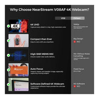 NearStream V08AF 4K 8MP USB Webcam AI Auto-Framing Noise-Canceling Mic Adjustable 95 FOV