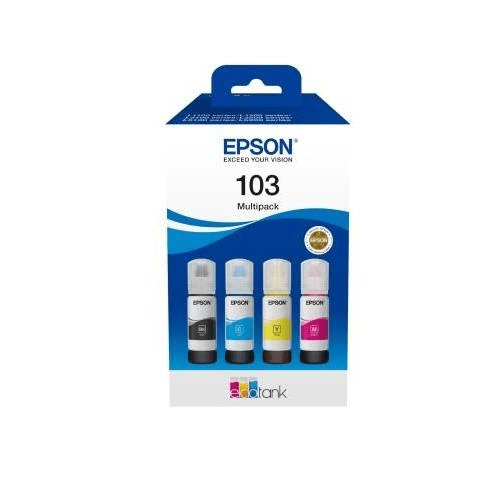 Epson 103 Ink Bottles Multipack 260ml (total) 1 x Black 1 x Cyan 1 x Magenta 1 x Yellow L1110 / L1250 / L3110 / L3150 / L3210 / L3211 / L3250 / L3252 / L3550 / L3560 / L5190 4500 Black ; 7500 Colour pages