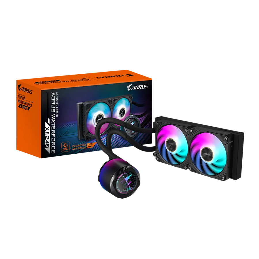 Gigabyte AORUS Waterforce X II 240 AIO Liquid CPU Cooler Black 240mm LCD Display ARGB Fans LGA1851 AM5 6-Year Warranty