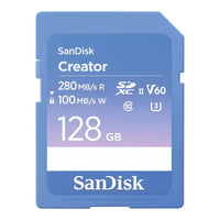 SanDisk Creator SD UHS-II Card 128GB, read speeds up to 280MB/s, write speeds up to 100MB/s, 4K UHD/6K video, V60