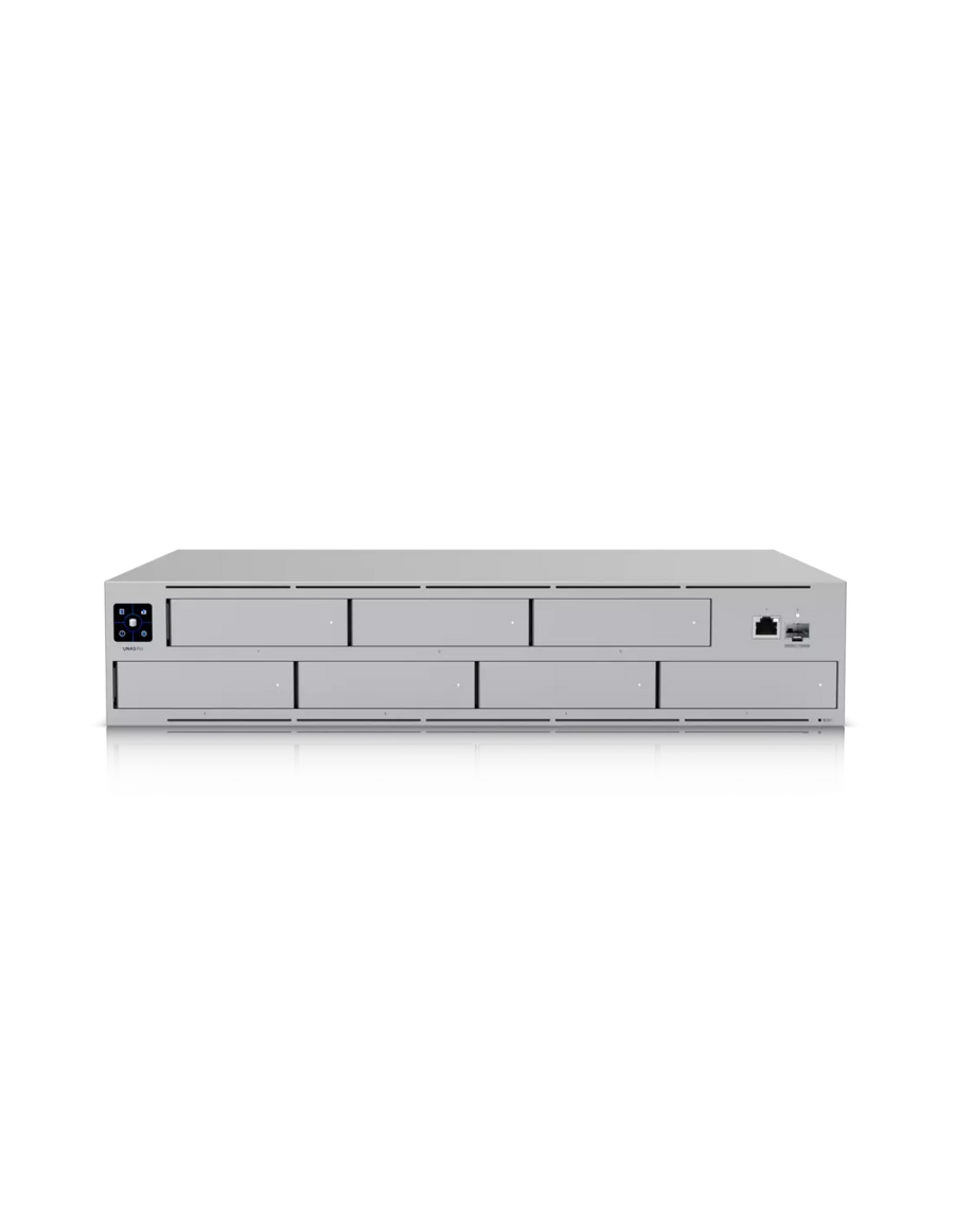 Ubiquiti UNAS-Pro-EU 2U rack-mount NAS with (7) 2.5/3.5" drive bays and 10 Gbps performance designed for large-scale file storage and sharing, (7) 2.5/3.5" HDD / SSD support, 10G SFP+ uplink and (1) GbE RJ45 port