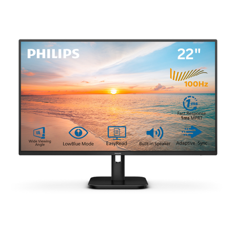 Philips Monitor 21,5" VA 1920x1080 @100hz, VGA, HDMI, Internal PSU, Eyecare, VESA, Speaker