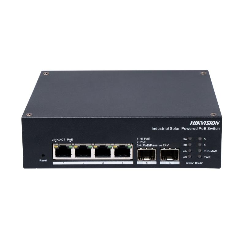 Hikvision 4 Port Gigabit Smart Managed Industrial Solar POE Switch, 12V / 24V