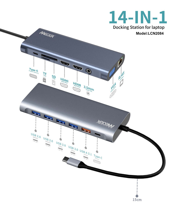 MECER 14 in1 Type C Universal Docking Station W/ VGA x1/ HDMI x2/ USB3.0 x3 USB2.0 x2 TF&SD/ RJ45 x1/ Audio Jack x1/PD Support 100W & data/ Cable Length 15cm.