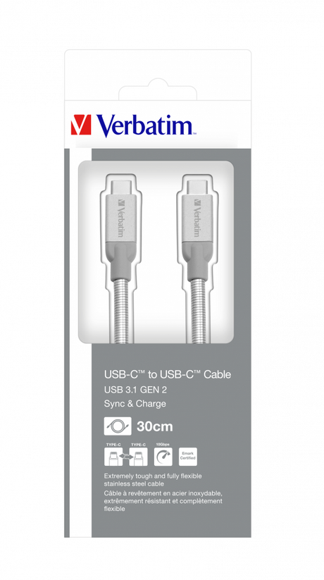 Verbatim USB 3.1 TYPE-C To TYPE-C Stainless Steel Cable 30CM Silver