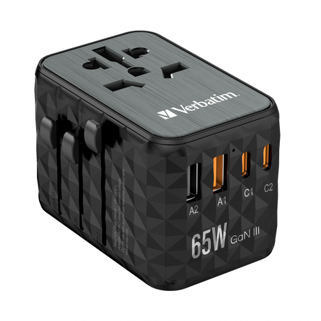 Verbatim Gan Iii Universal Travel Adapter UTA-05 With 2 X USB-C Pd 65W & Qc 4+ / 2 X USB-A