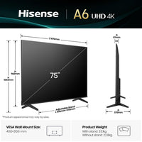 Hisense 75-inch 4K UHD Smart TV DVB-T2 DVB-S2 Wi-Fi Ethernet Black