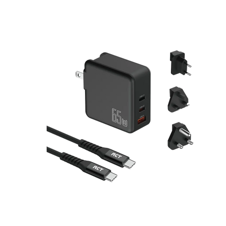 RCT 65W GaN Fast Charging Travel Kit EU UK SA Adapter Plugs and Cable