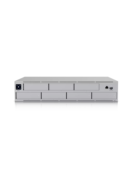 Ubiquiti UNAS-Pro-EU 2U rack-mount NAS with (7) 2.5/3.5" drive bays and 10 Gbps performance designed for large-scale file storage and sharing, (7) 2.5/3.5" HDD / SSD support, 10G SFP+ uplink and (1) GbE RJ45 port